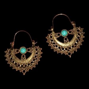 Bronze Turquoise Filigree Hoop Earrings Bohemian Gold Lace Boho Huggie Hoops